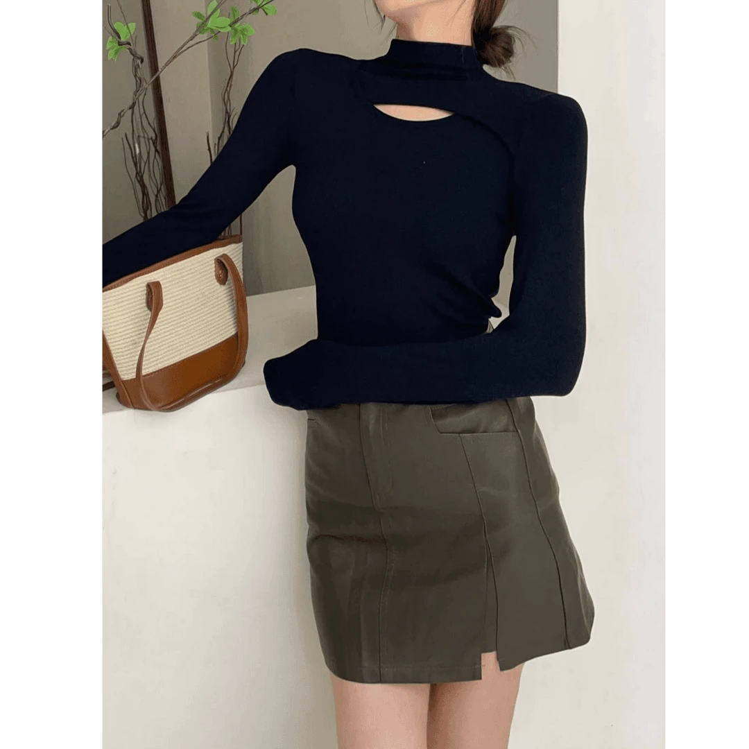 半高领镂空打底衫女早秋季2024新款长袖紧身正肩辣妹纯欲内搭上衣