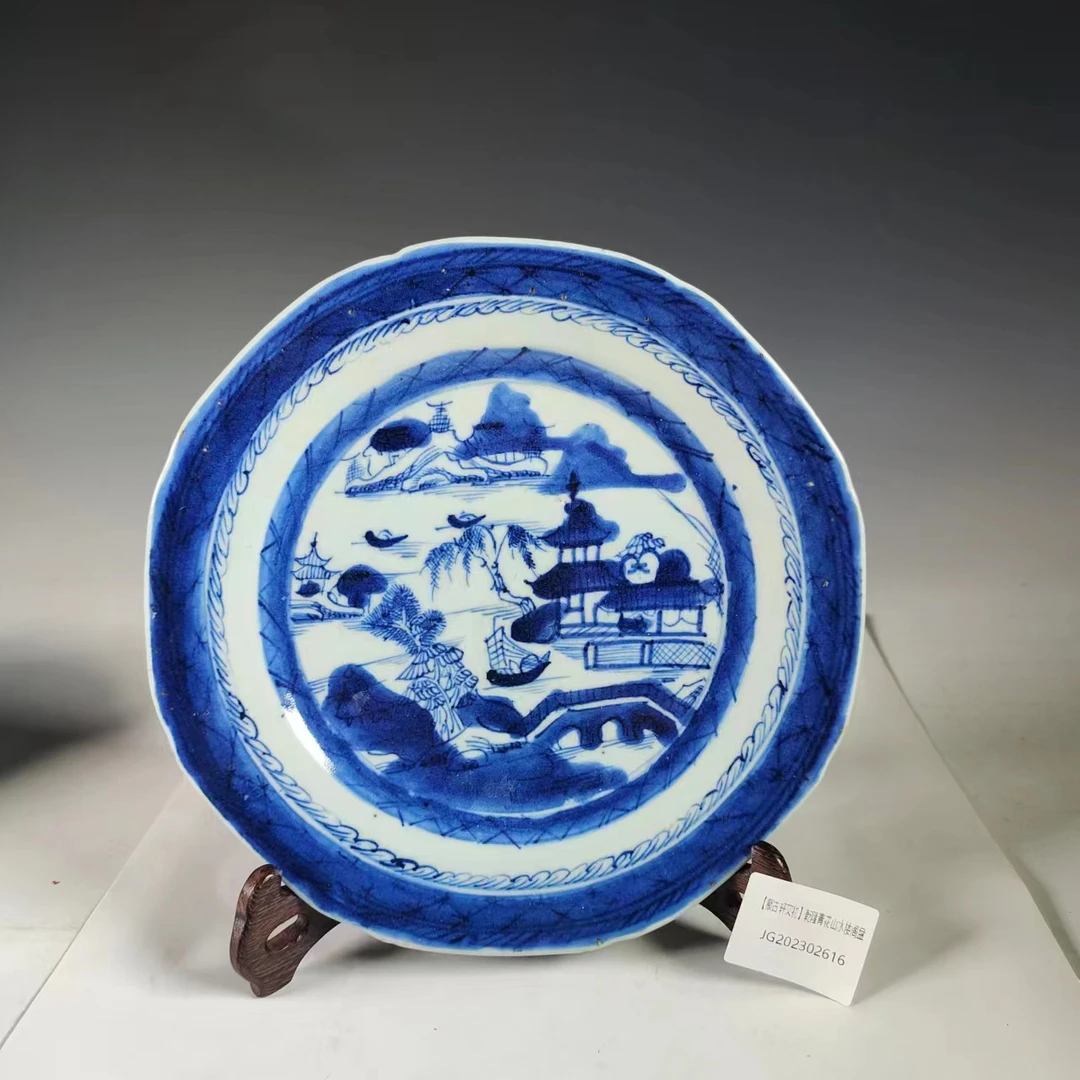 【聚古轩文物】乾隆青花山水楼阁盘JG202302616