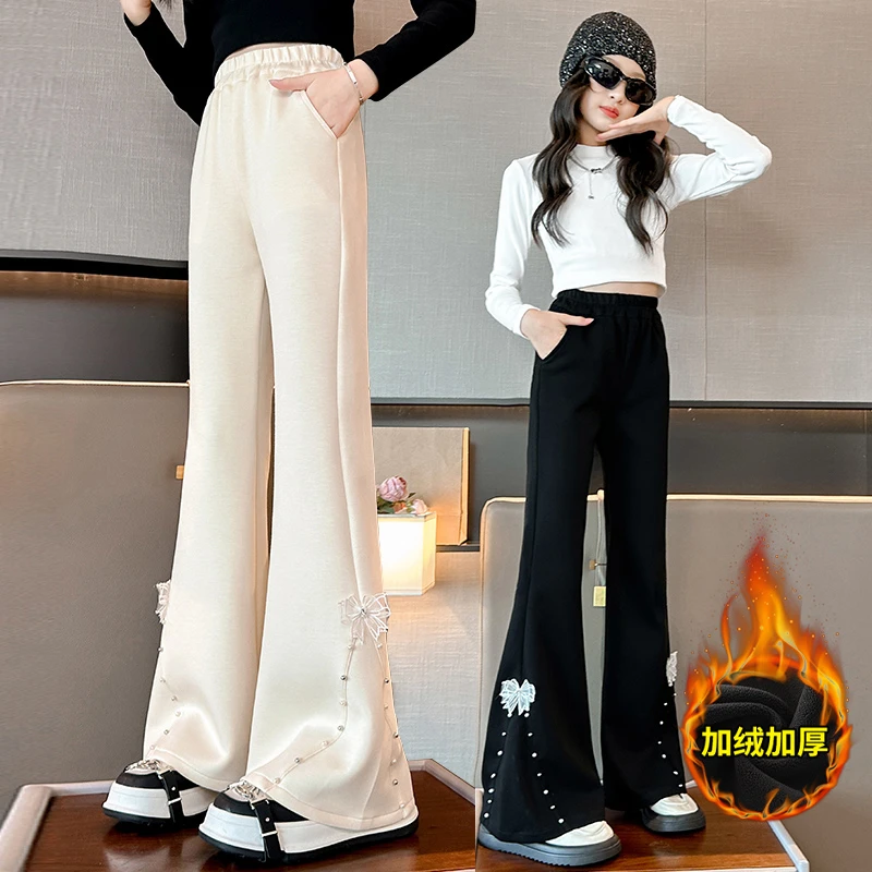 女童秋冬加绒百搭开叉喇叭裤儿童洋气韩版修身长裤中大童装时髦潮