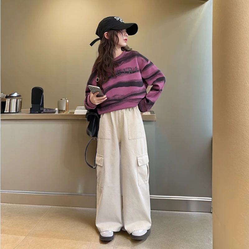 女童秋装套装2024新款儿童洋气韩版条纹卫衣宽松韩版中大童两件套