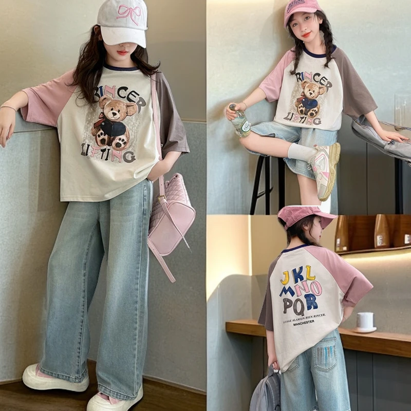 女童夏季短袖短裤套装2025新款儿童洋气韩版宽松休闲两件套牛仔裤