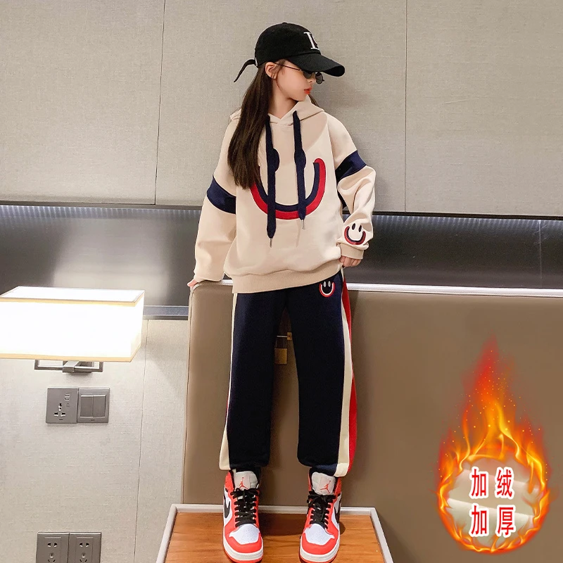 女童加绒加厚保暖连帽卫衣卫裤两件套中大童秋季套装儿童洋气韩版