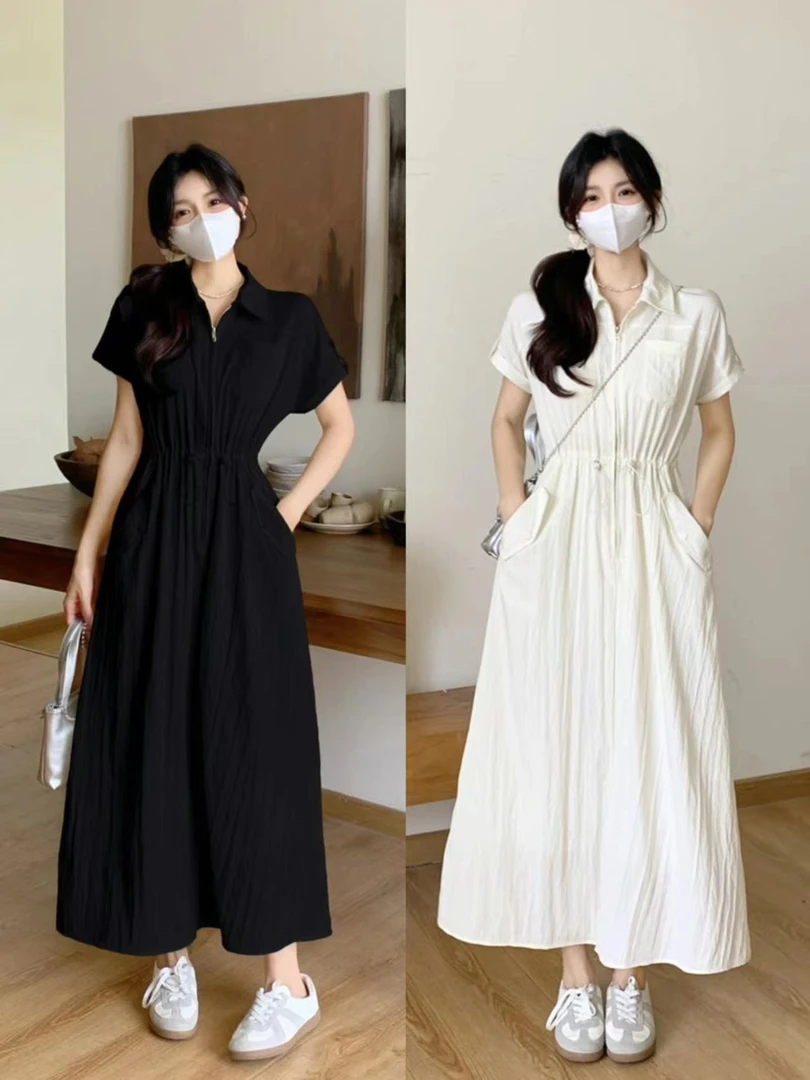 大码夏季高级感工装连衣裙女韩系收腰显瘦气质设计感衬衫裙子