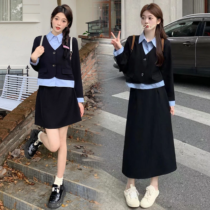 大码女装胖mm春季新款撞色衬衫西装外套长短款两件套