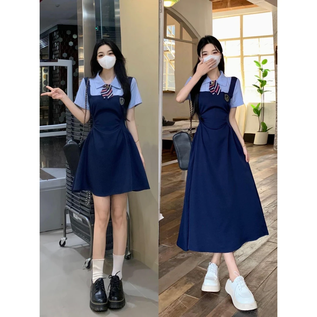 大码学院风假两件连衣裙女夏季短袖胖MM遮肚子梨形身材裙子