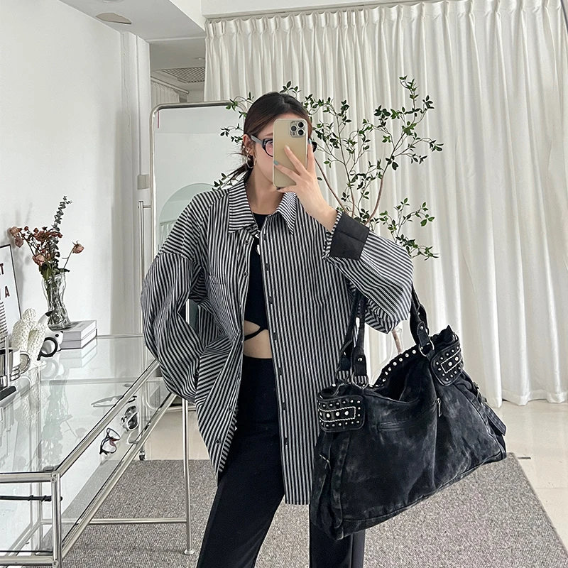 条纹宽松衬衫女2024秋季新款气质撞色翻领衬衫上衣精致时尚百搭衣