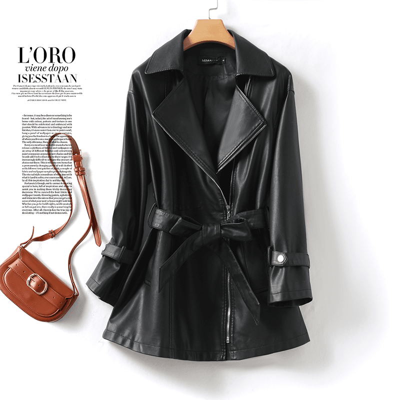 【络夏专属】海宁皮衣女2023春秋新款宽松显瘦中长款皮风衣机车外套