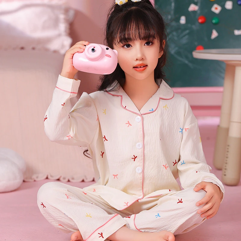 2025夏季儿童睡衣女空调服云朵棉长袖长裤开衫卡通印花甜美家居服