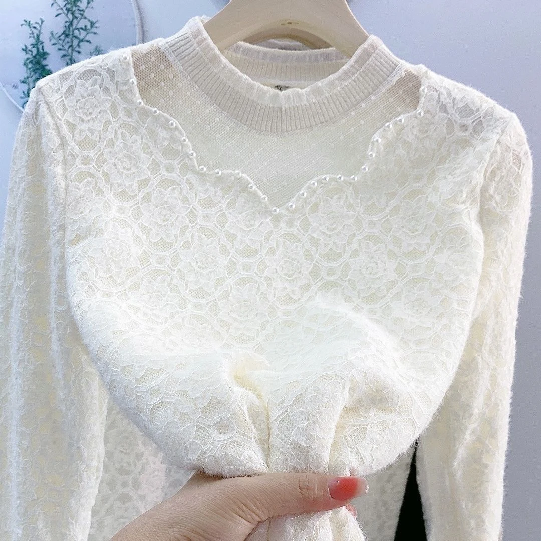 立领木耳边磨毛纱网蕾丝加绒打底衫宽松衬衫显瘦遮肉小香风小衫冬