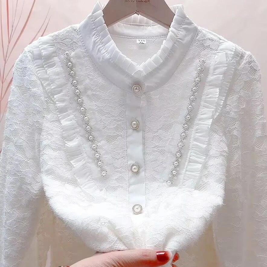 秋冬加绒立领加厚保暖衬衫蕾丝衫宽松新款打底亲肤显瘦遮肉上衣女