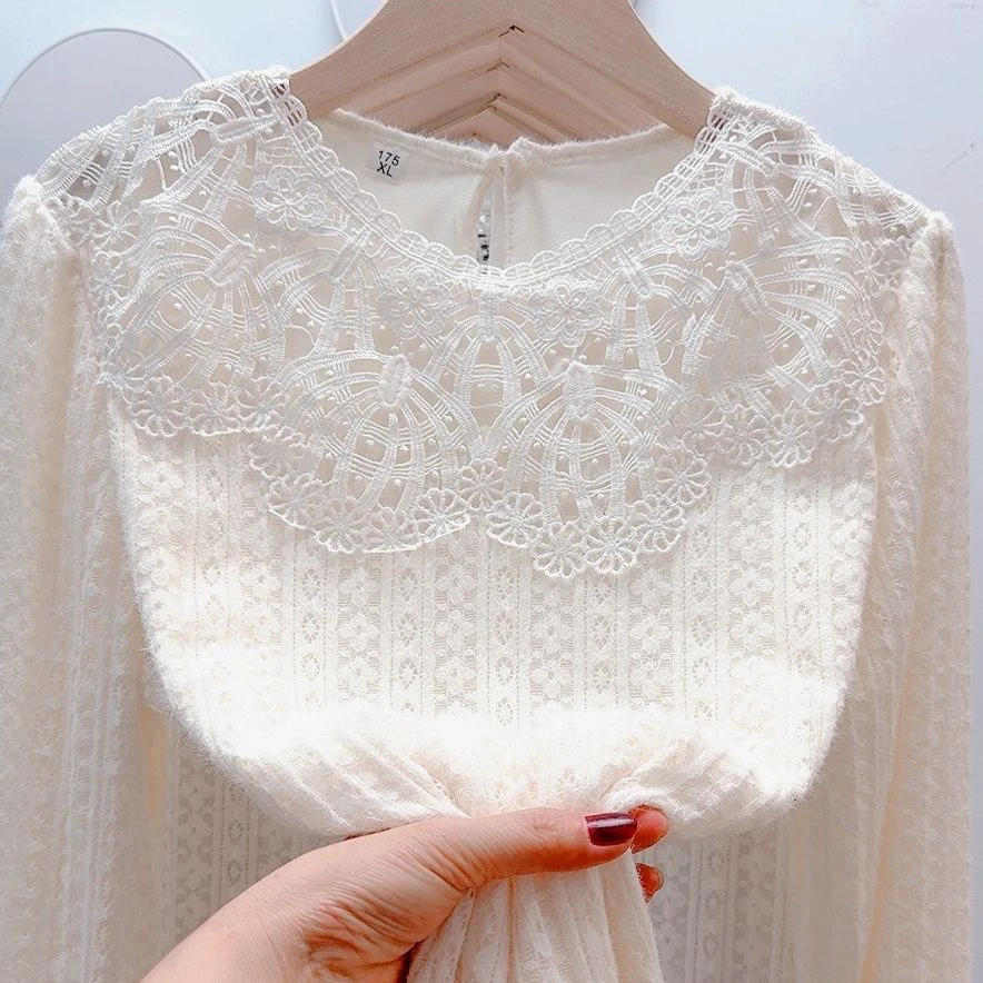 蕾丝加绒加厚打底衫显瘦秋季新款洋气宽松衬衫气质上衣小衫衬衣