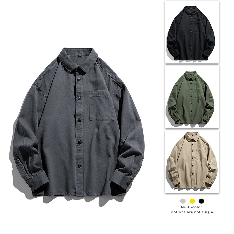 2023春秋新款100棉男士衬衫休闲痞帅纯色工装日系潮流ins长袖衬衣