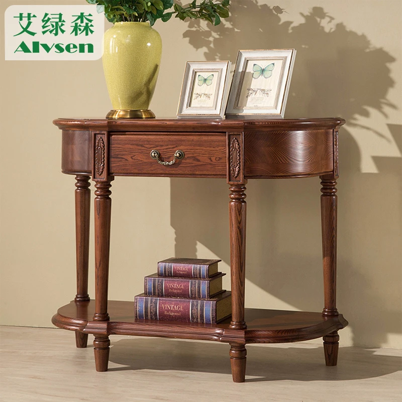 白蜡木全实木美式玄关台半圆客厅简美玄关柜隔断柜门厅边桌装饰柜