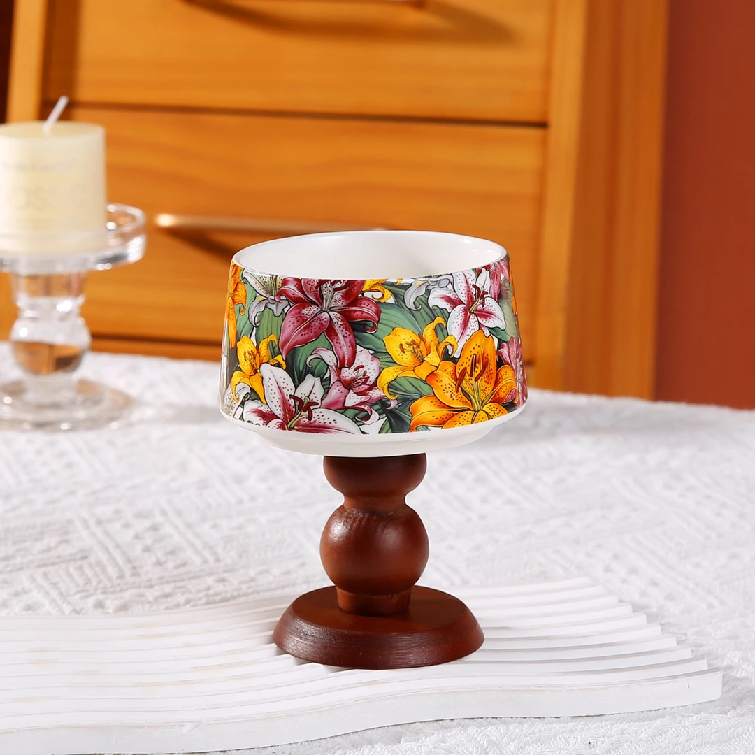 法式中古风复古INS摆件青花陶瓷碗木质高脚碗甜品杯蜡烛杯雪糕碗