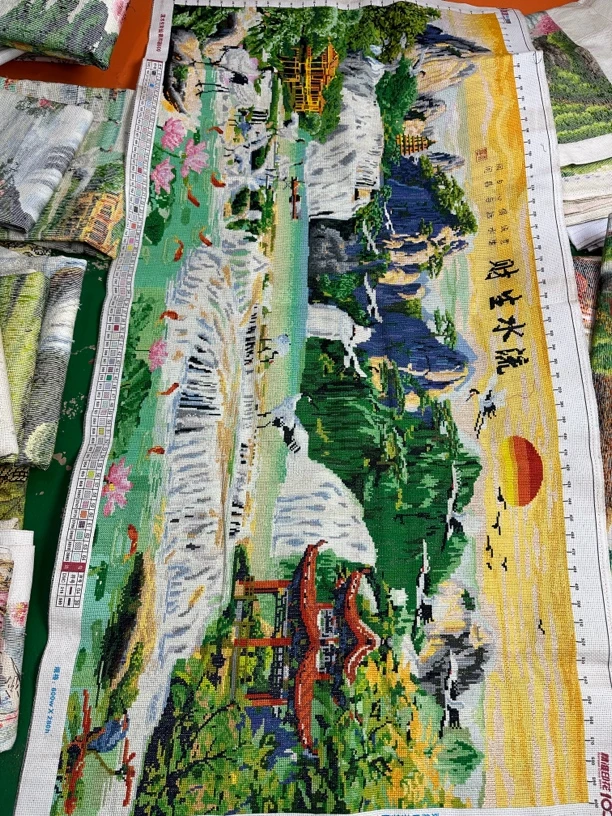 流水生财满绣十字绣成品1.8，2.4米规格