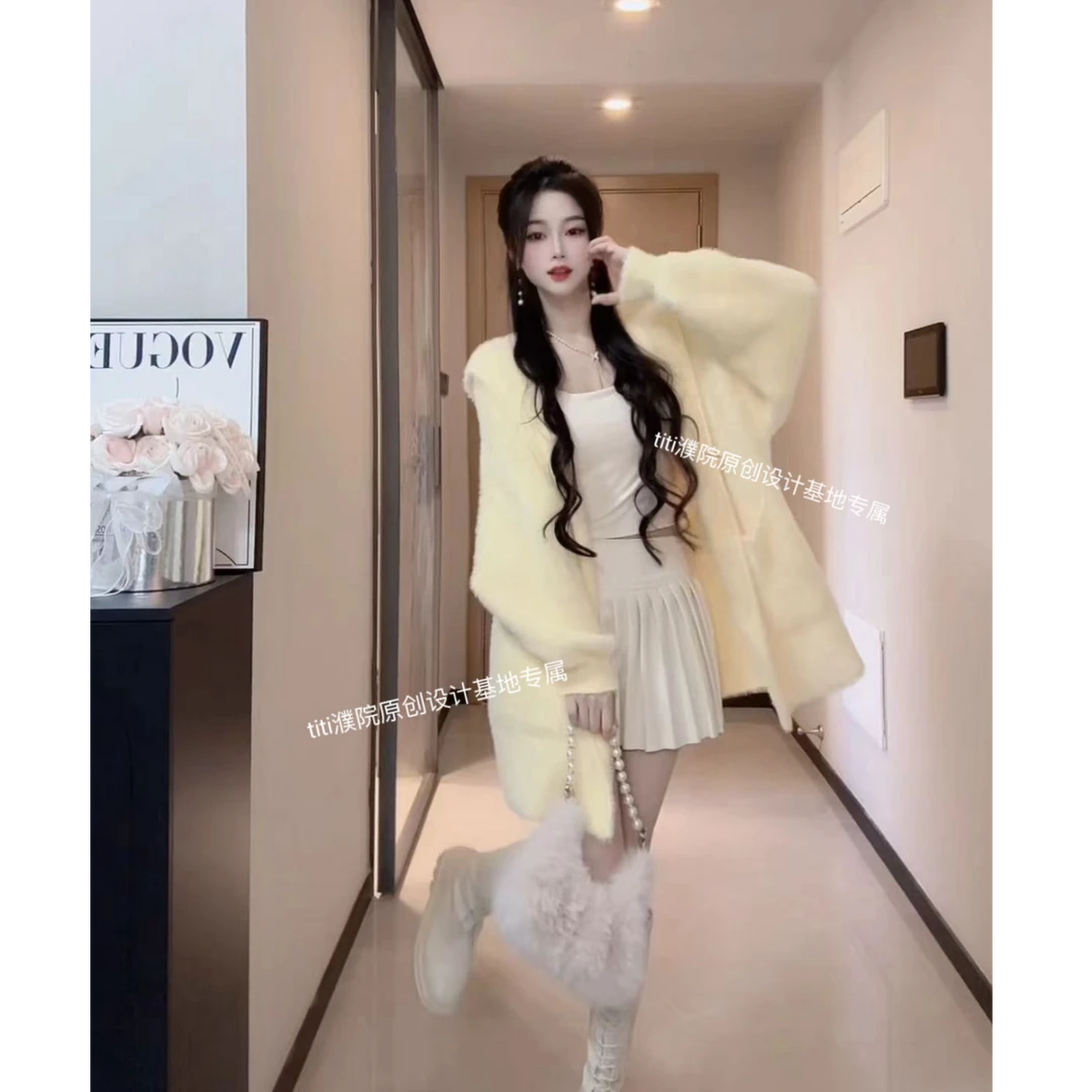 1101轻奢连帽软糯时尚水貂绒毛衣开衫女秋冬季甜美宽松长袖外套