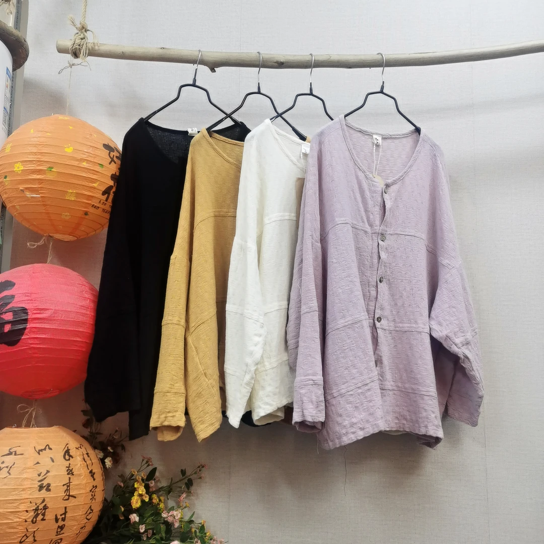 儒品素衣2494棉麻提花拼接系扣上衣