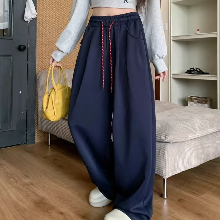 秋冬季新款加绒加厚韩版高腰百搭撞色抽绳阔腿裤616款休闲裤女