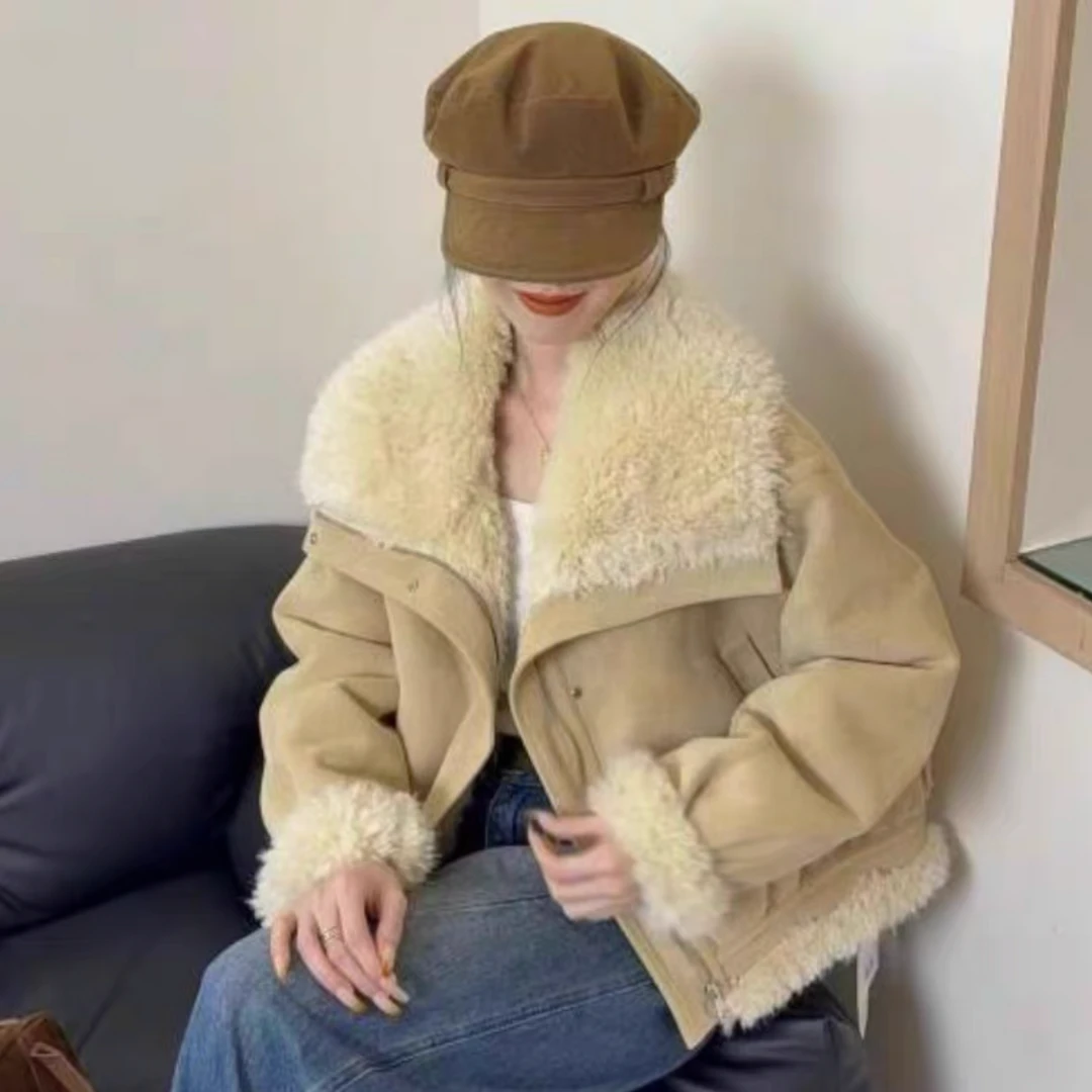 时尚大翻领皮毛一体外套气质显瘦加厚短款机车服上衣6119