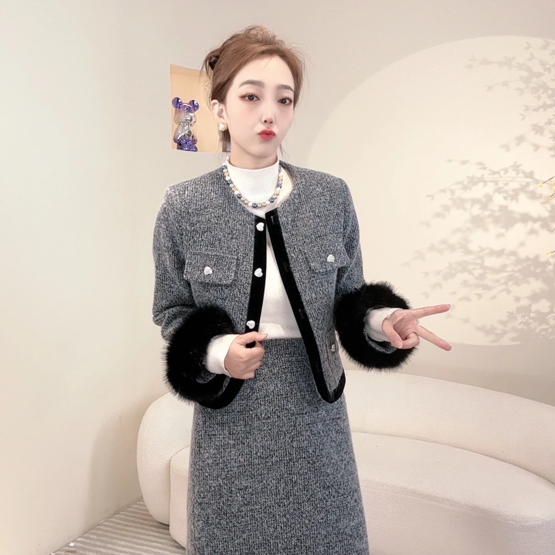 【满天星】时尚高级感复古小香风外套+半身长裙冬季两件套A6683款