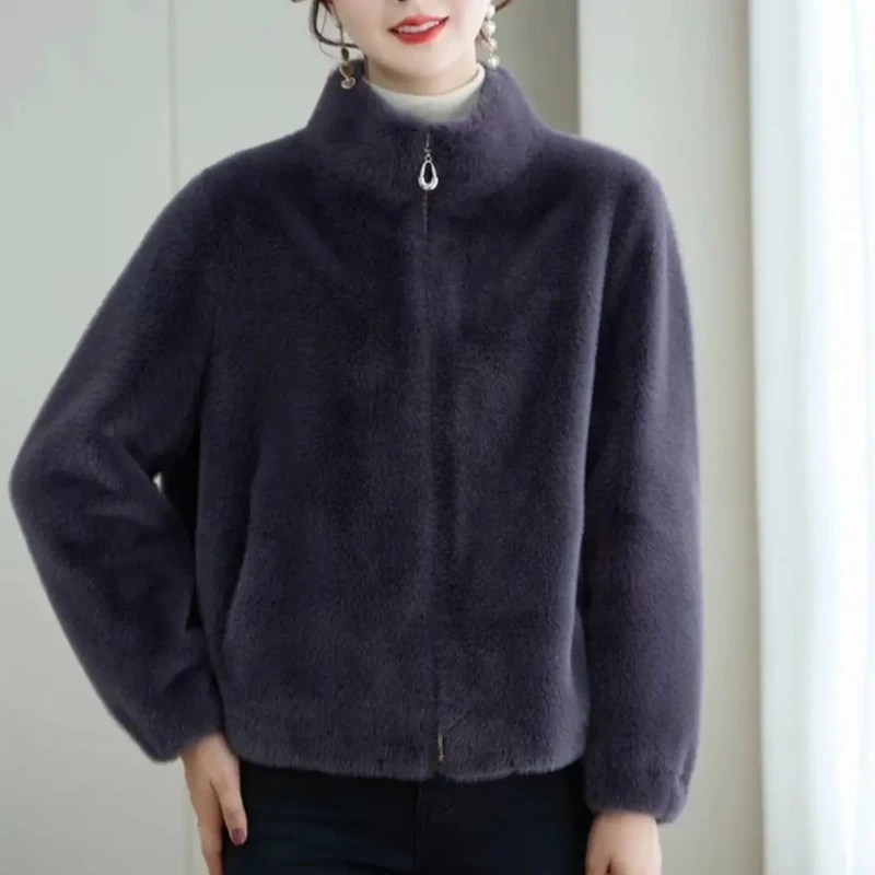 【鑫雪】休闲纯色短款立领外套冬季皮毛一体时尚女款加厚保暖女装