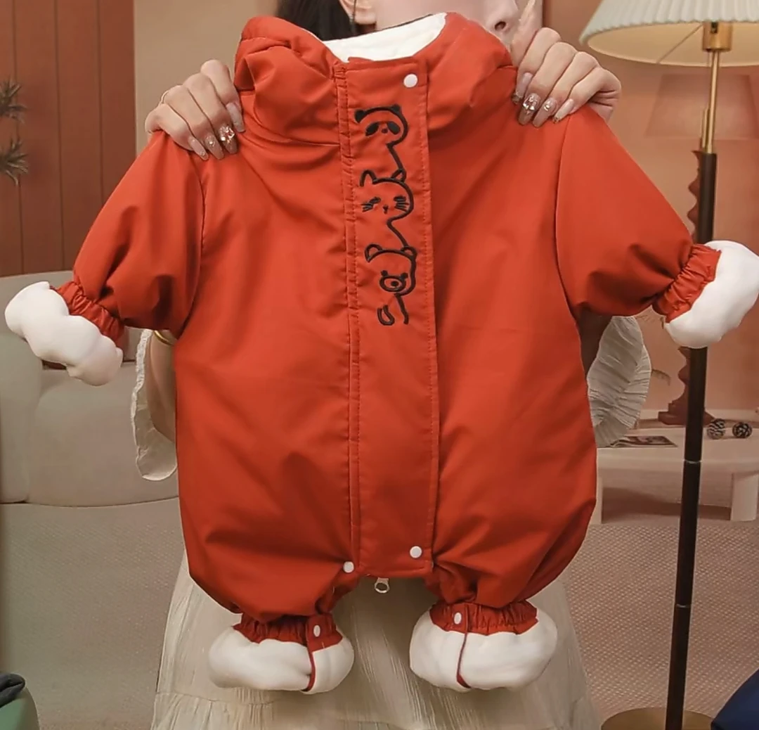 婴儿加棉连体衣可爱宝宝冲锋衣连体衣外套加厚夹棉新生儿哈衣爬服