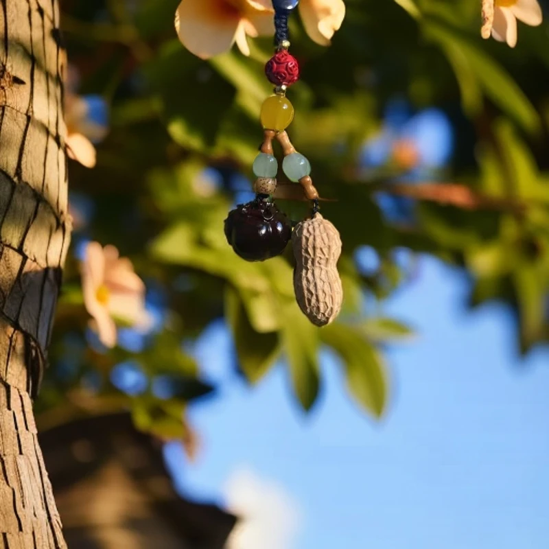 紫檀木雕木好柿发生钥匙扣挂件黄杨木花生个性柿柿如意短款包包挂