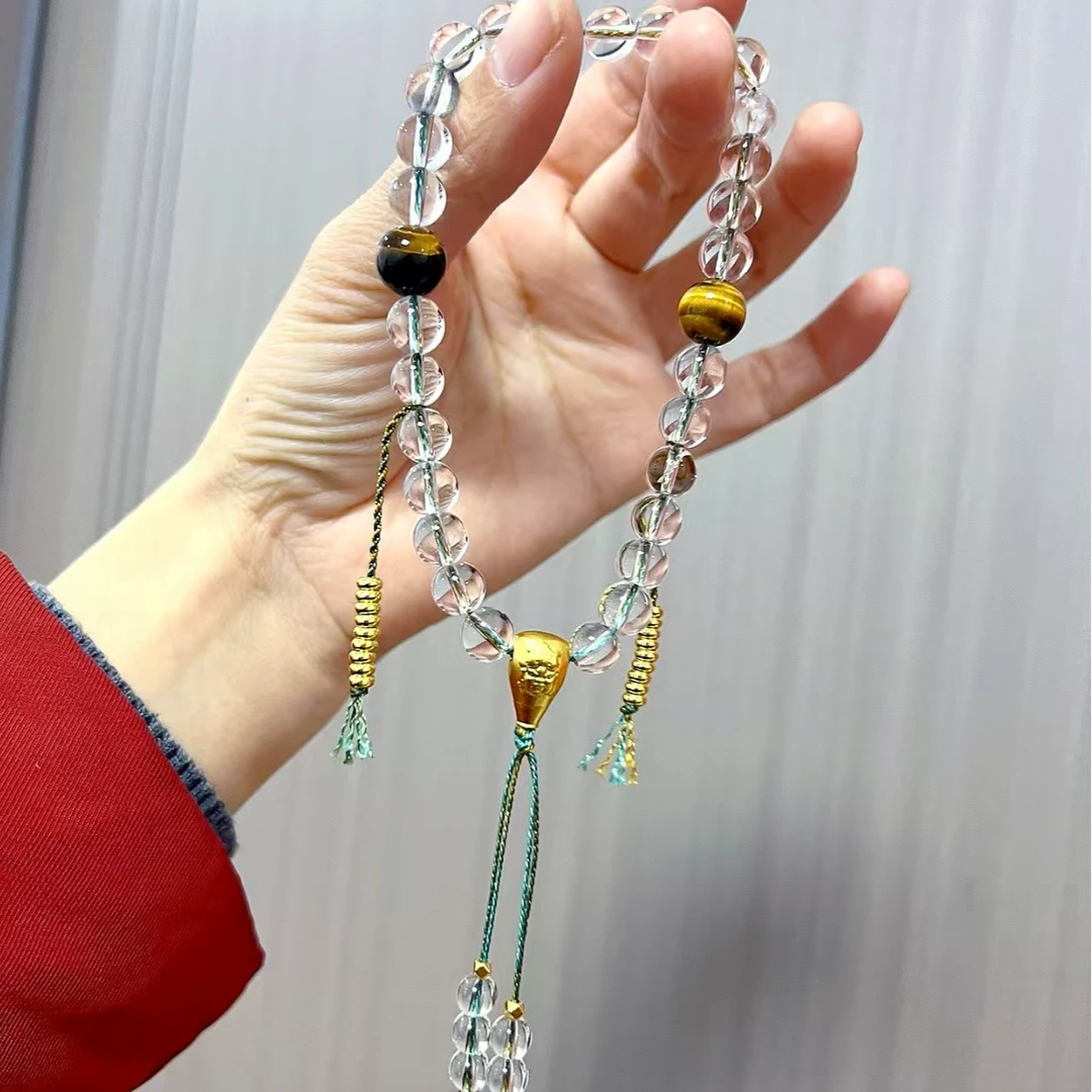 原创设计8mm天然白色水晶➕10mm天然虎眼石手持车挂编绳长链