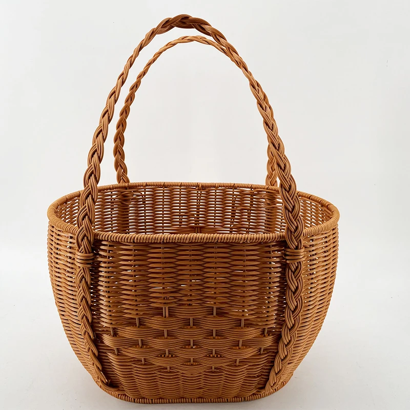 Z15棕色长方双提升加固收纳特大号菜篮子纯手工编织**