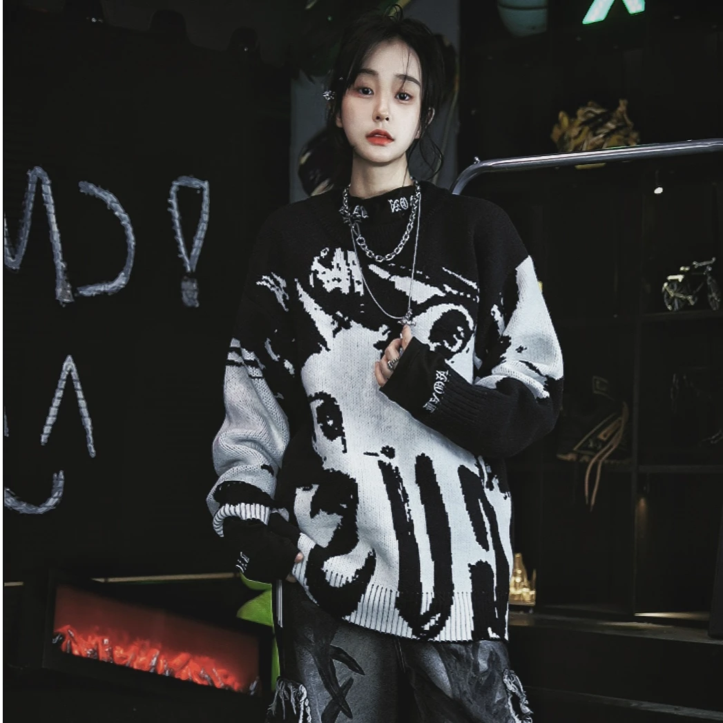 NY潮牌圆领提花针织衫坏学生二次元毛衣男女宽松