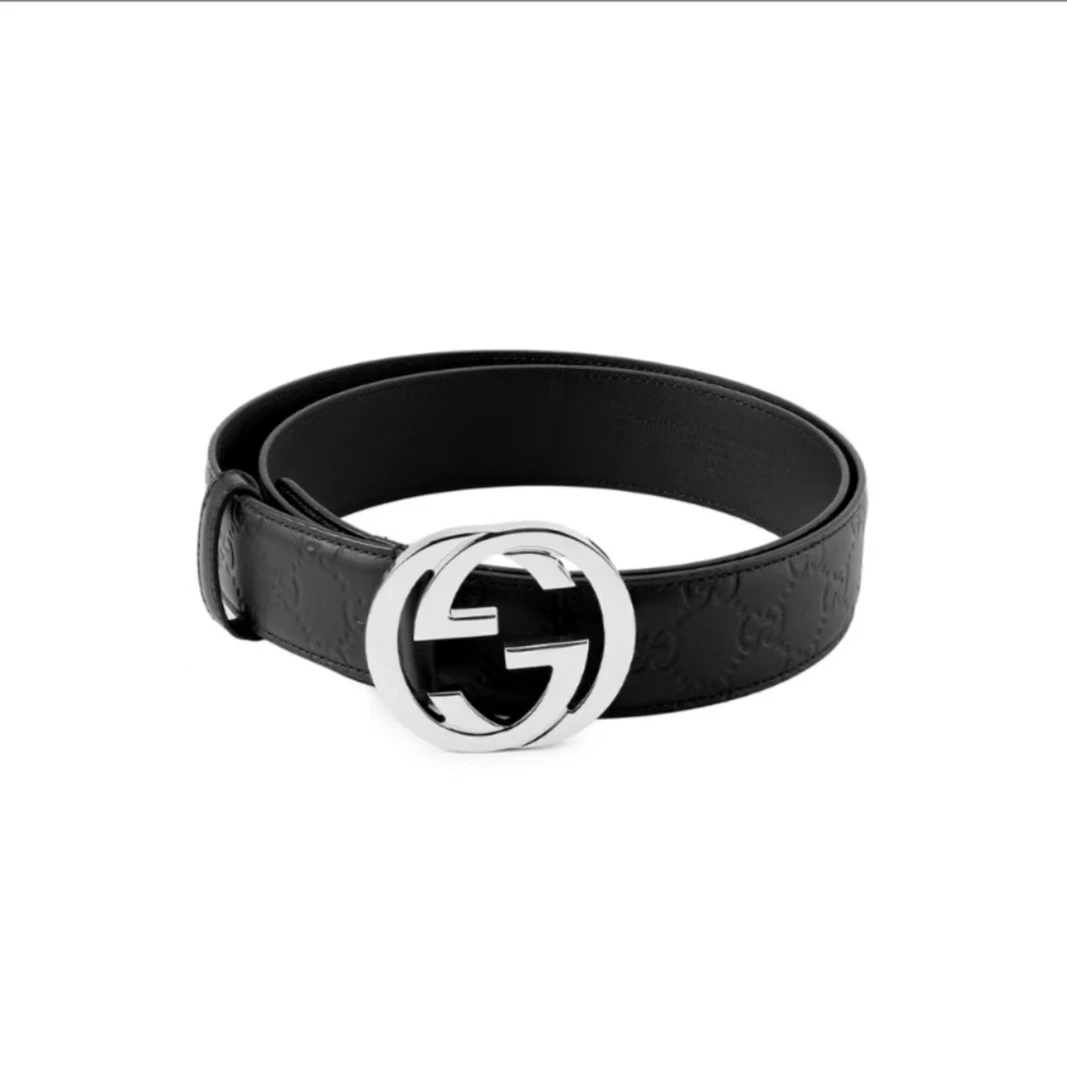 99新 GUCCI/古驰 男士休闲时尚经典黑老花压印双G银扣腰带/J1165