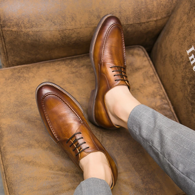 6493商务休闲皮鞋男韩版潮真皮透气男士英伦风软底系带正装鞋男鞋