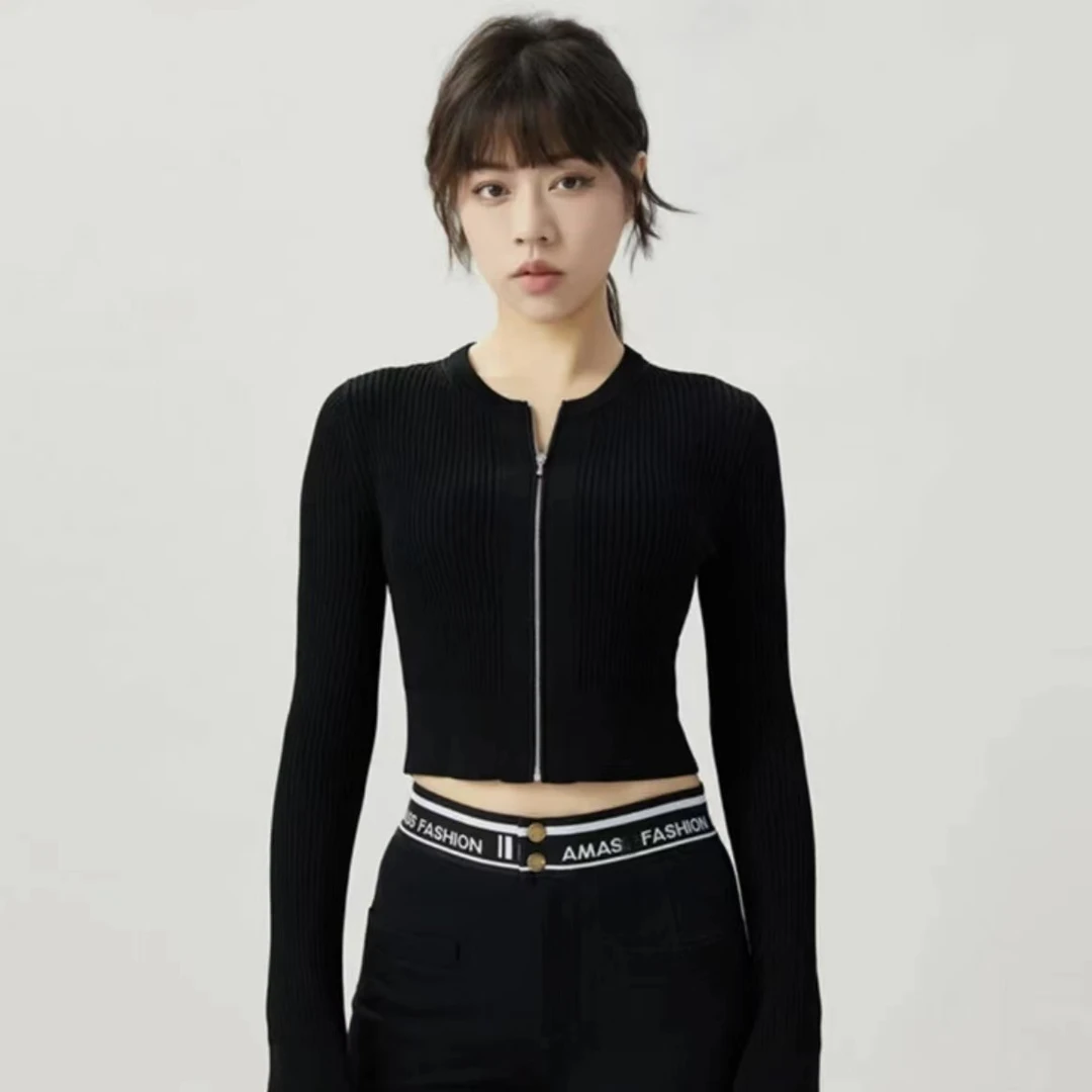 AMASS/阿玛施夏季百搭气质拉链针织黑色轻薄外搭开衫女5499221