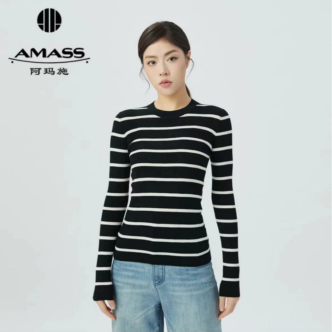 AMASS/阿玛施绵羊毛亮片圆领基础百搭条纹长袖针织衫女5399639