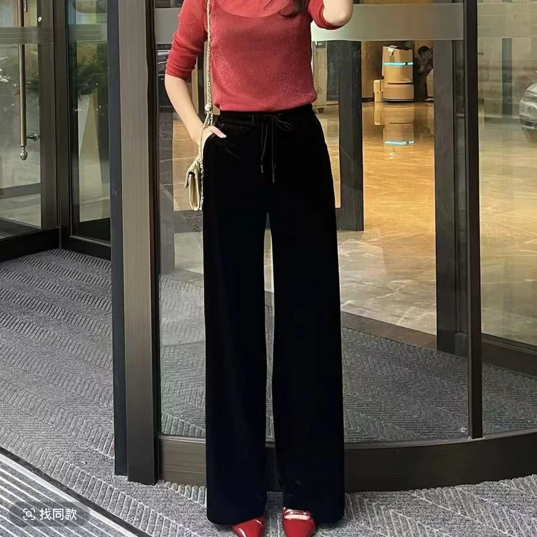 G经典高腰休闲松紧系绳直筒丝绒长裤1100498-4210811