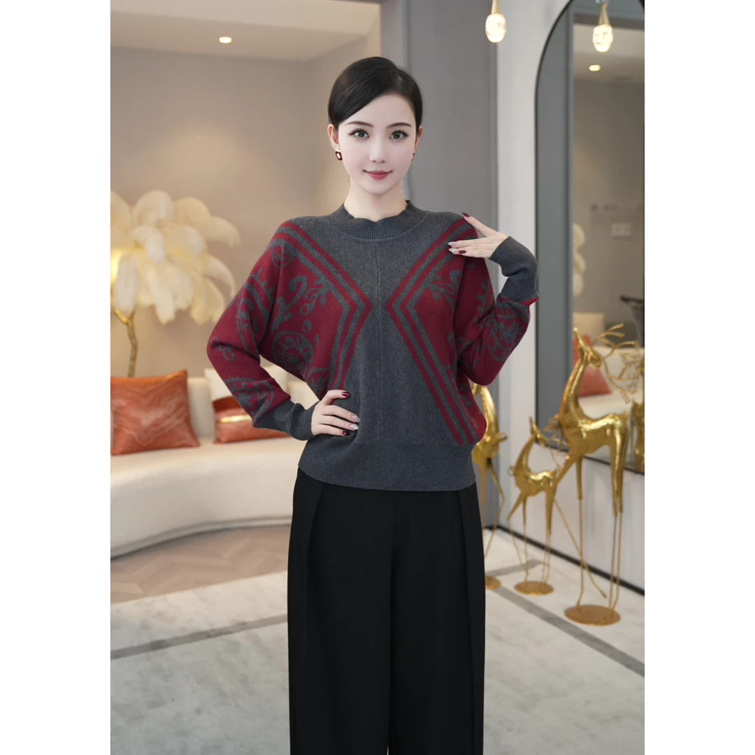 唐熹现货售2025秋冬新款【6628】含绵羊毛气质小众印花针织衫上衣女