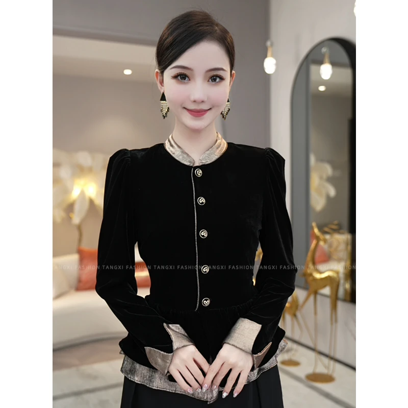 唐熹2025春季新款【Q23-Q111】高级感气质黑色拼接丝绒衬衫复古上衣