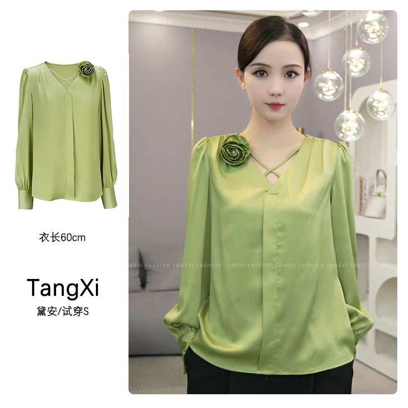 唐熹现货2025春季新款【4092】高级时尚清新显白缎面小众设计上衣女