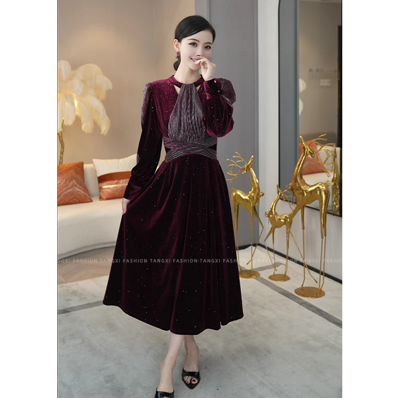 现货2025早春新款【R24-Q70】高端法式气质轻礼服丝绒红色连衣裙子