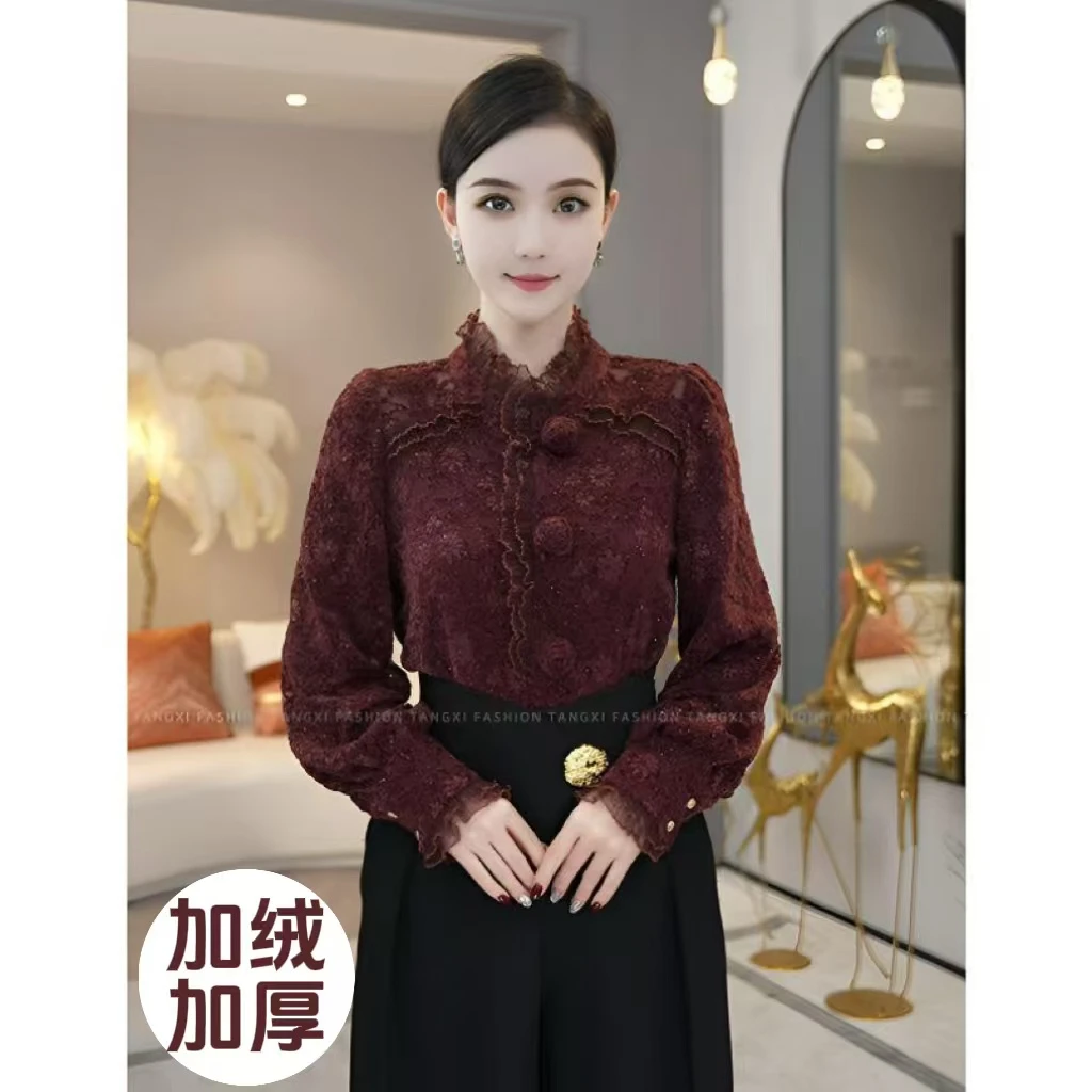 预售2025秋冬季加厚加绒【LT24-Q662】宽松植绒蕾丝长袖衬衫上衣女