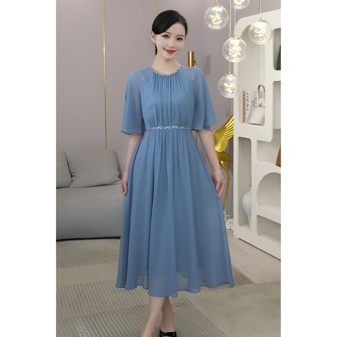 现货2025夏季新款【5004】法式小众度假风气质长裙收腰蔚蓝色连衣裙