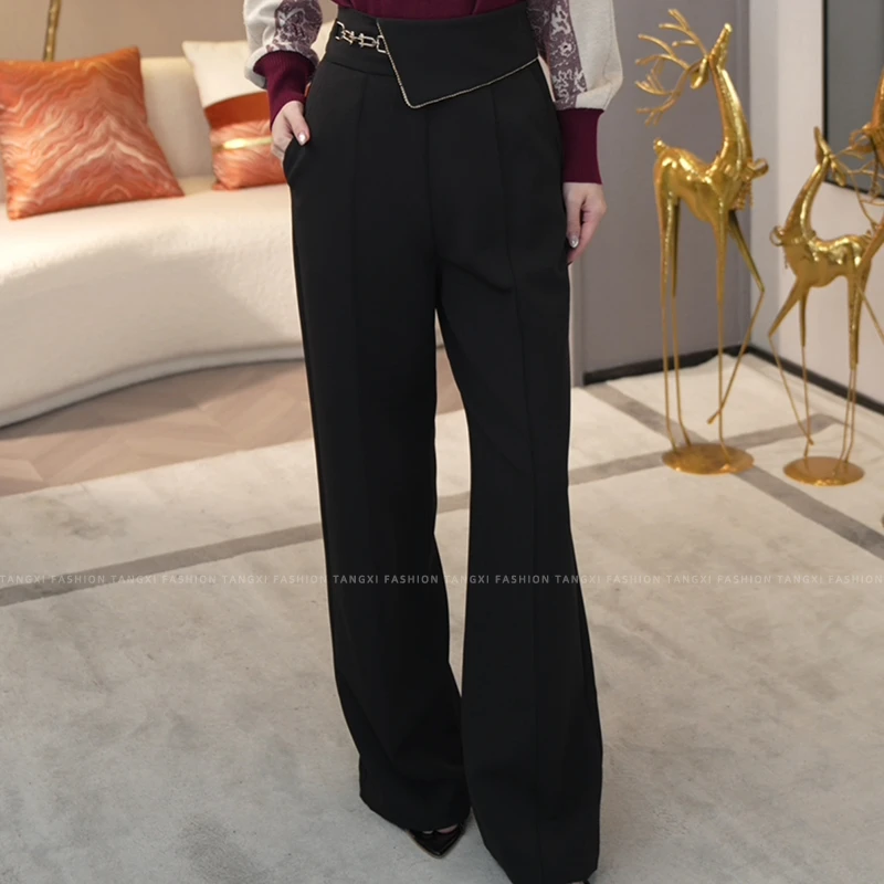唐熹现货2025新款【DD-6222】高腰遮肉显瘦黑色简约直筒阔腿长裤子