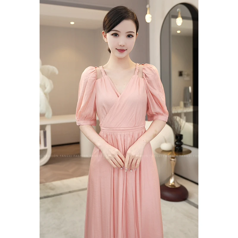 现货2025夏季新款【落日柚海】气质温柔纯色a字小众粉色连衣裙子