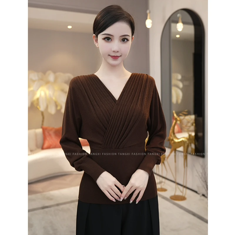 2025秋季新款【5815】含绵羊毛百搭收腰捏褶宽松套头咖色针织衫毛衣