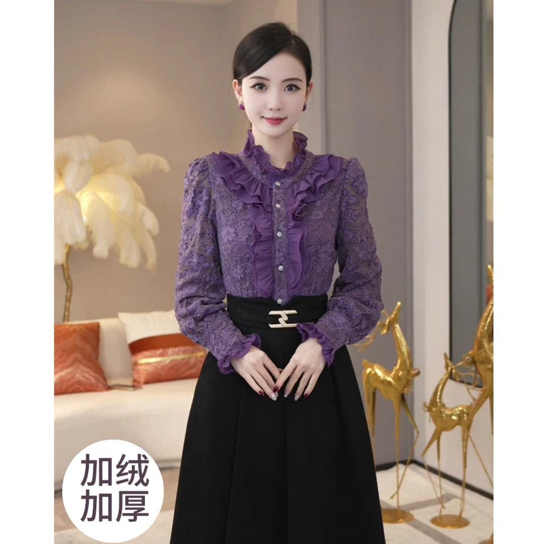 现货2025秋冬新款【LT24-Q667-1】加绒加厚紫色刺绣蕾丝长袖衬衫女