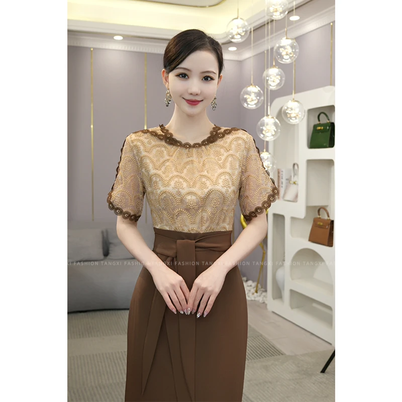 现货2025夏季新款【H24-X40】时尚优雅蕾丝拼接名媛收腰连衣裙子女