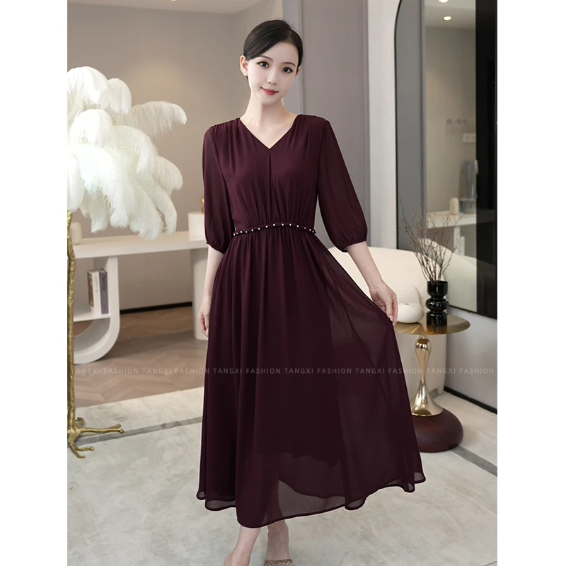 黛安周年福利【5049】气质高级感女装小众v领紫色洋气连衣裙子