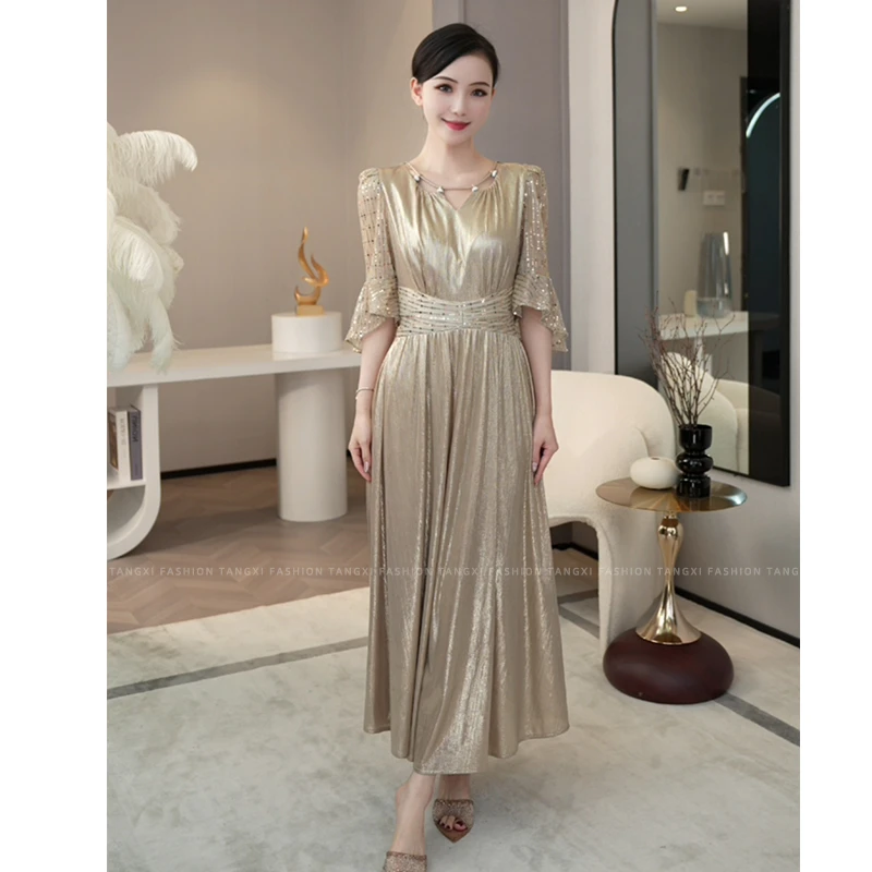 黛安周年福利夏季新款【ZM24-X509】洋气法式香槟色设计连衣裙子