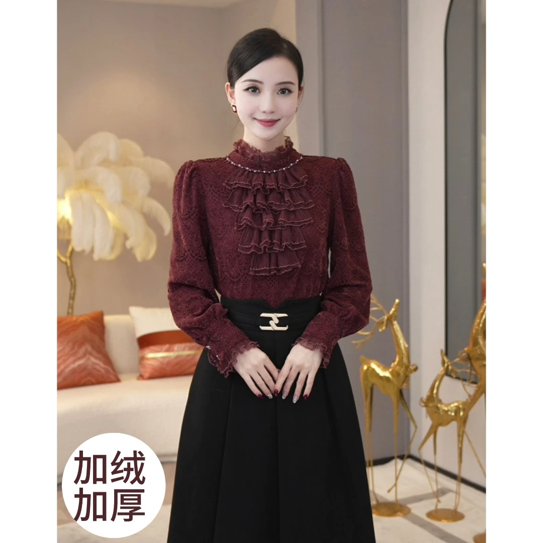 唐熹预售2025秋冬新款【LT-D845】加绒加厚红色蕾丝长袖衬衫上衣女