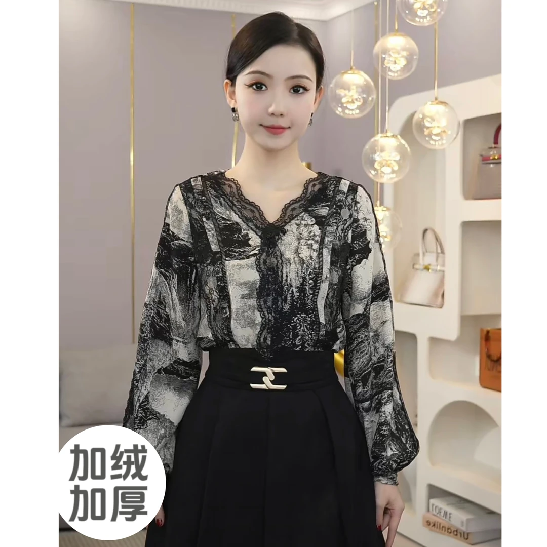 现货2025秋冬加厚【3681】热力感保暖气质小众蕾丝时尚显瘦上衣女xd